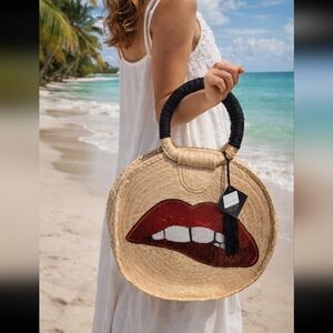 By Del Rio Handmade Sequin Lips Straw Bag